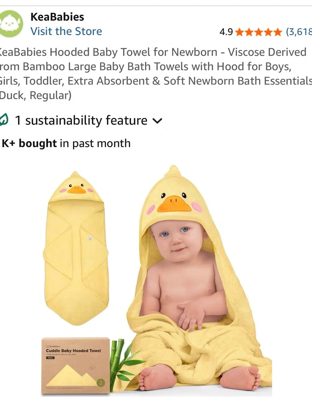 KeaBabies Yellow Duck Hooded Baby Towel